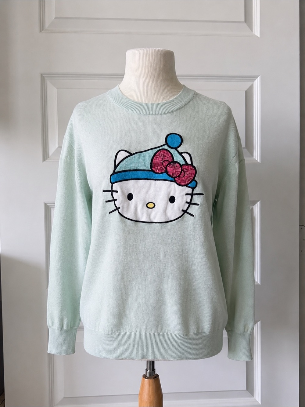 Hello Kitty Aeropostale Sweater XS Mint Green Sequin Bow Plush (oversized)